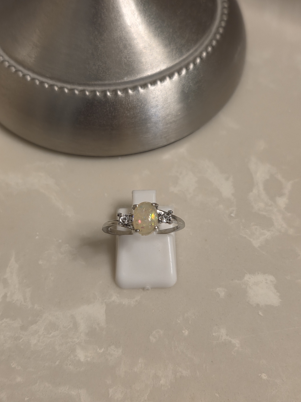 Silver Opal and Cubic Zirconia Ring Size 8